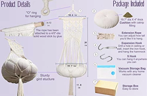 Buy ๐ Mia's Pet Supply Macrame Cat Hammock With Catnip Cushion And Hanging Kit Cat Toys ๐ 4 Mia's Pet Supply Macrame Cat Hammock With Catnip Cushion And Hanging Kit Cat Toys