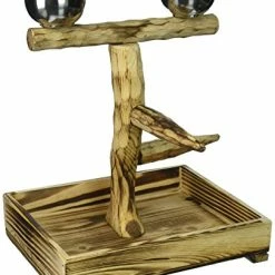 Mia's Pet Supply : Penn Plax Bird Perch With 2 Stainless Steel Feeding Cups And Wood Drop Tray Aviary & Perches