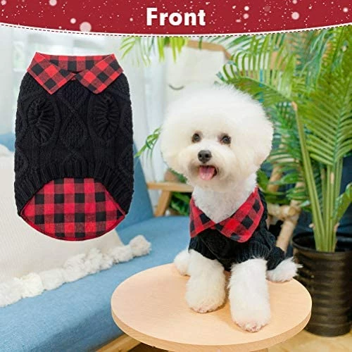 Discount 😀 Mia's Pet Supply Apparel Plaid Patchwork Pet 🦮 Doggy Knitted Sweaters Comfortable 🧥 Coats For Cold Weather 💯 5 Mia's Pet Supply Apparel Plaid Patchwork Pet Doggy Knitted Sweaters Comfortable Coats For Cold Weather