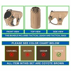 Mia's Pet Supply Tactical Dog Harness Bundle Includes Tactical Leash & Tactical Bag. Working Dog MOLLE Vest With Handle, No Pulling Front Leash Clip, Hook & Dog Patch. (M (Neck:16"-22" ; Chest:25"-31"), Peanut Brown) Leashes And Harness