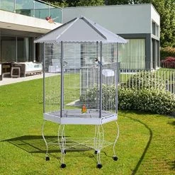 Mia's Pet Supply PawHut 44" Hexagon Covered Canopy Portable Aviary Flight Bird Cage With Storage