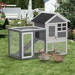 Mia's Pet Supply PawHut 48" Weatherproof Wooden Rabbit Hutch With Asphalt Roof & Outdoor Run, For Ferrets & Other Small Animals, Grey